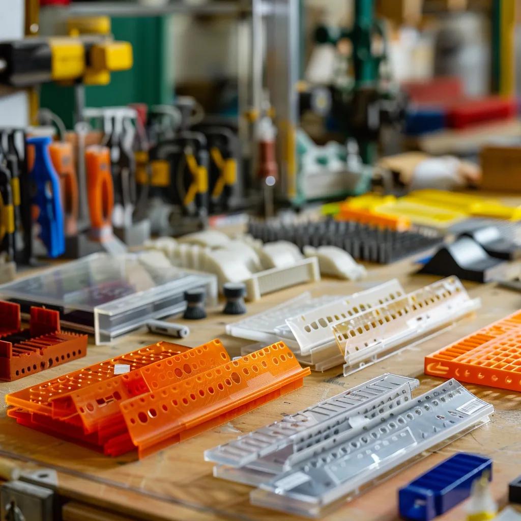 Assorted traditional plastic nameplates including acrylic, HDPE, and ABS on a workbench, illustrating their colors and sizes