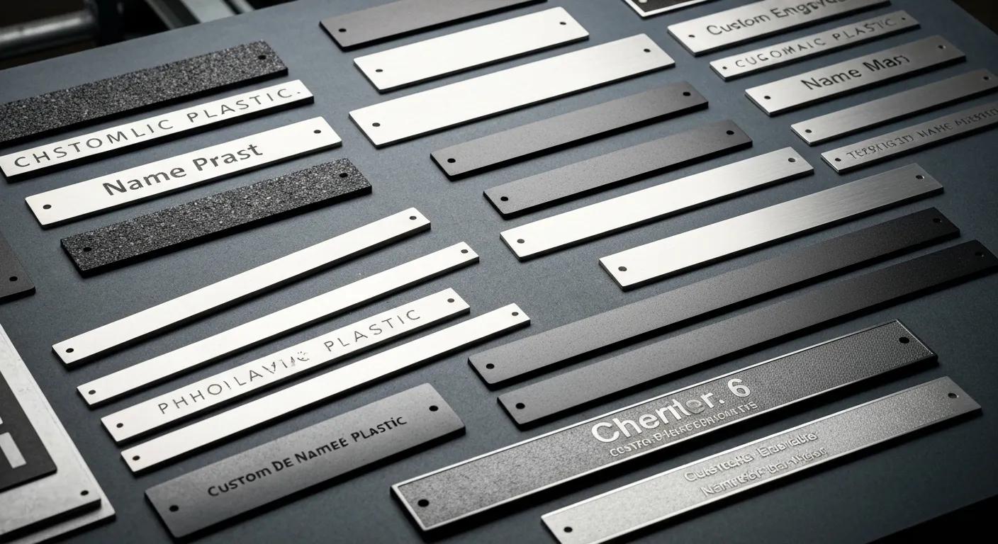 Custom engraved phenolic plastic and metal nameplates displayed in an industrial setting, showcasing their durability and applications