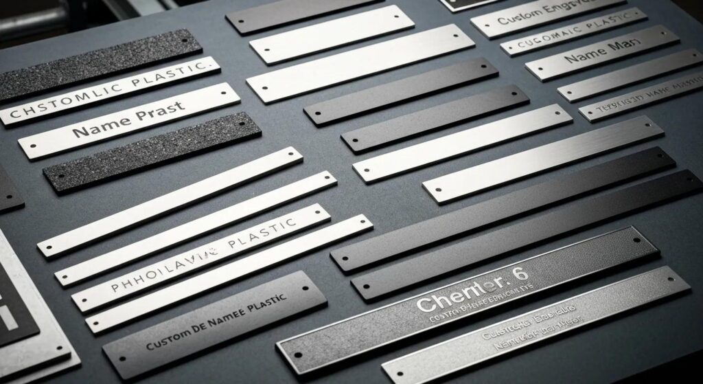 Custom engraved phenolic plastic and metal nameplates displayed in an industrial setting, showcasing their durability and applications