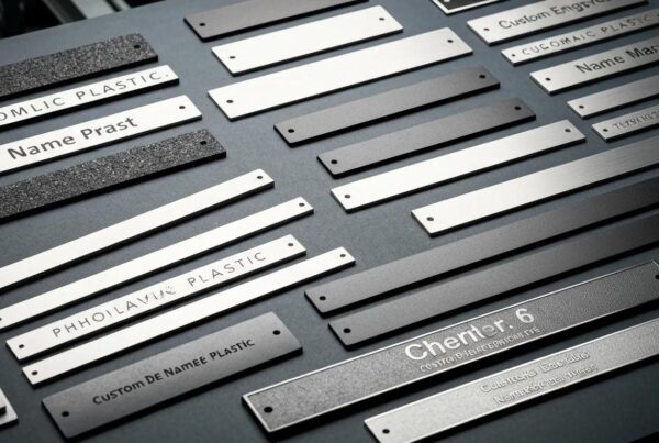 Custom engraved phenolic plastic and metal nameplates displayed in an industrial setting, showcasing their durability and applications