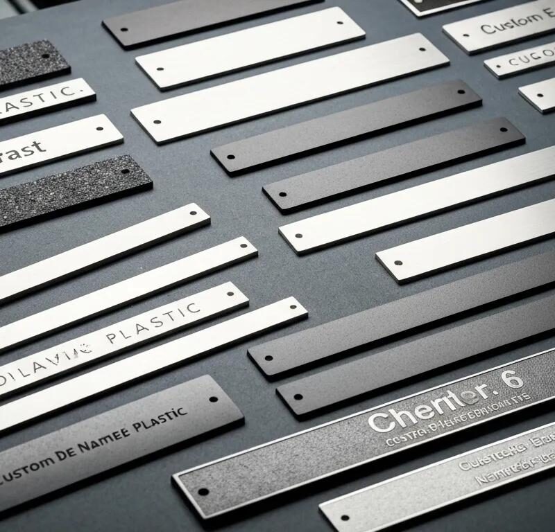 Custom engraved phenolic plastic and metal nameplates displayed in an industrial setting, showcasing their durability and applications