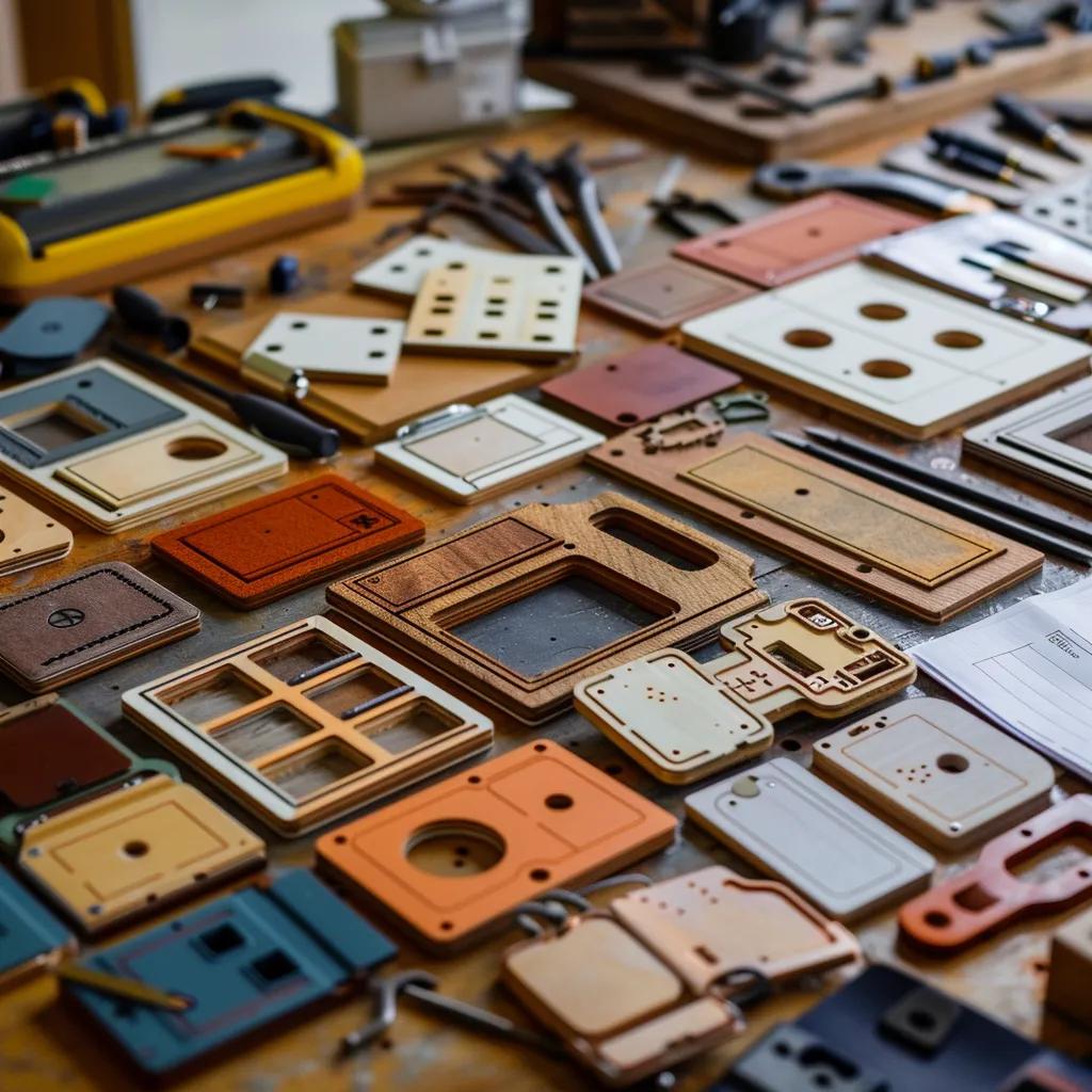 Variety of custom engraved phenolic nameplates and components on a workbench, showcasing different colors, shapes, and finishes for industrial identification solutions.