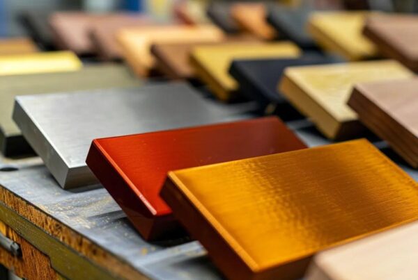 Custom engraved phenolic nameplates in various colors and shapes displayed in an industrial environment