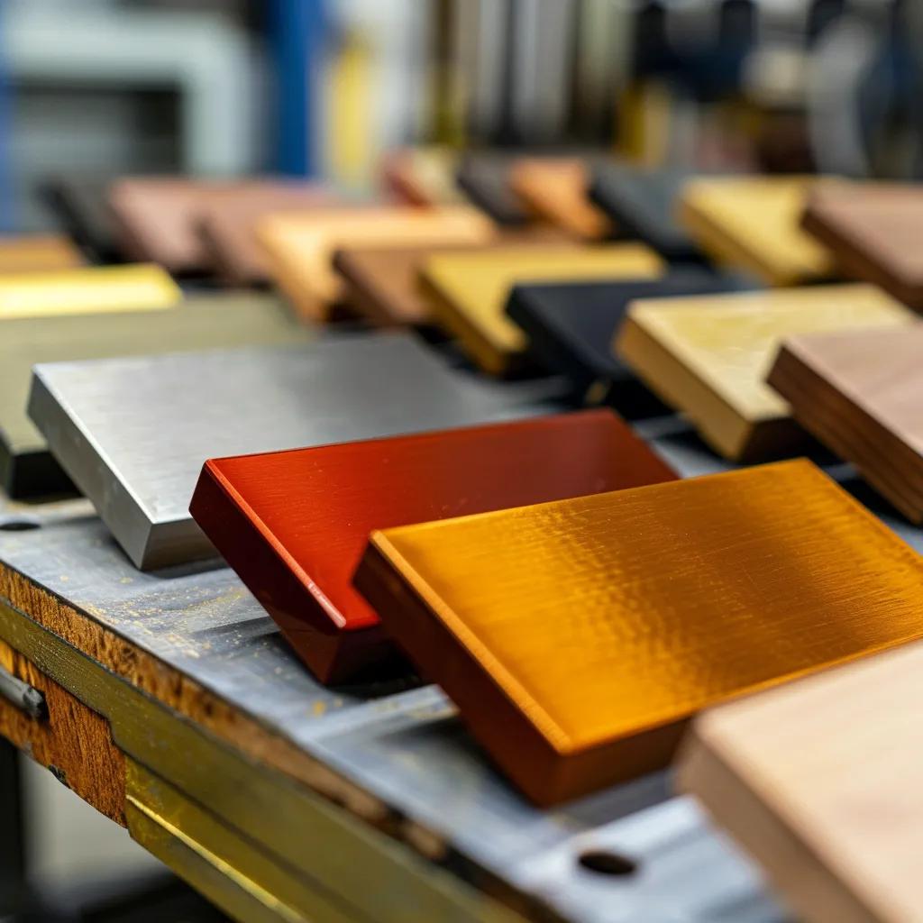 Custom engraved phenolic nameplates in various colors and shapes displayed in an industrial environment