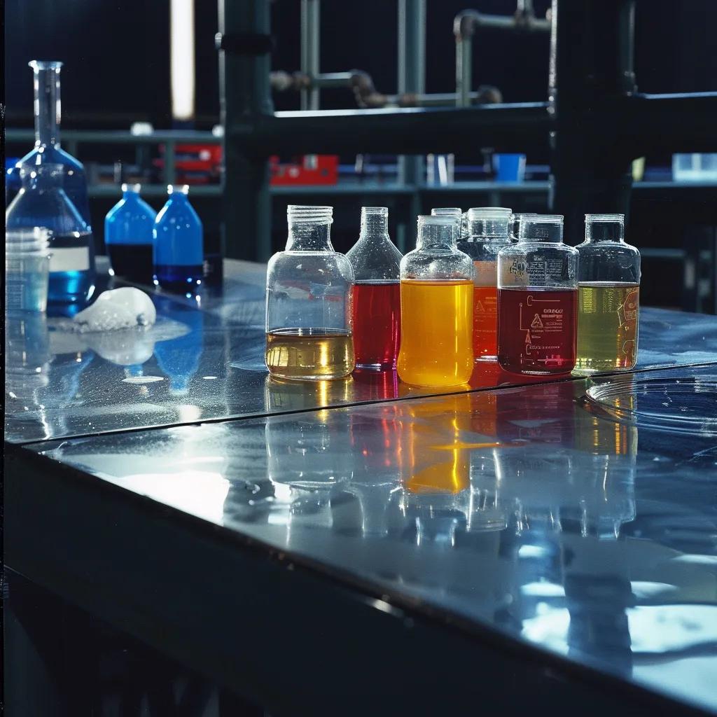Phenolic plastic countertop demonstrating chemical resistance with various chemical containers