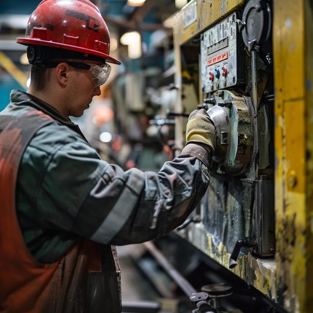 Worker inspecting a phenolic plastic nameplate on machinery, highlighting its mechanical rigidity and durability