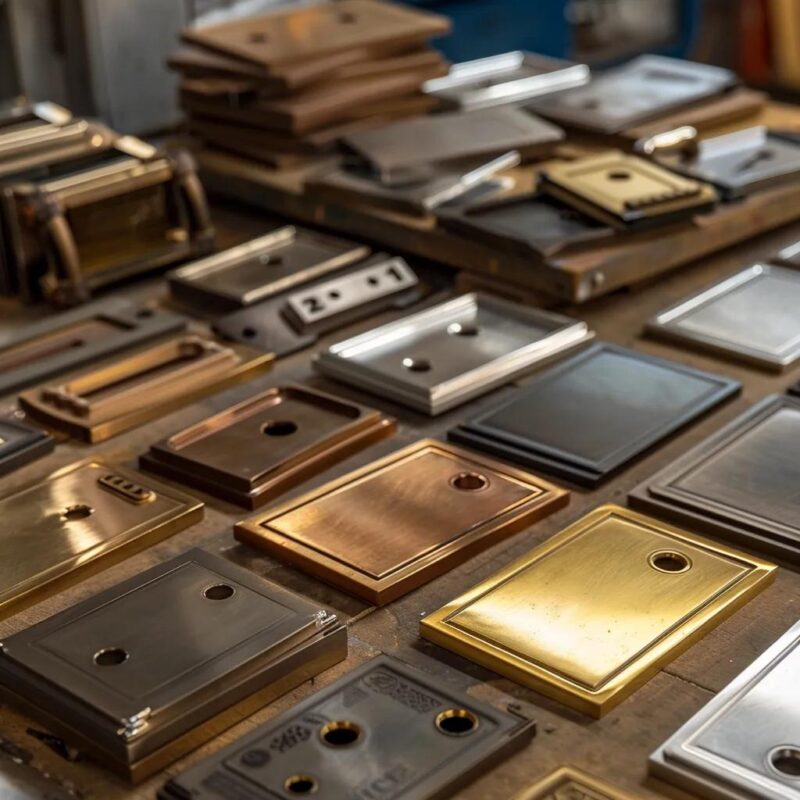 Custom engraved nameplates showcasing various materials and techniques in a professional workspace