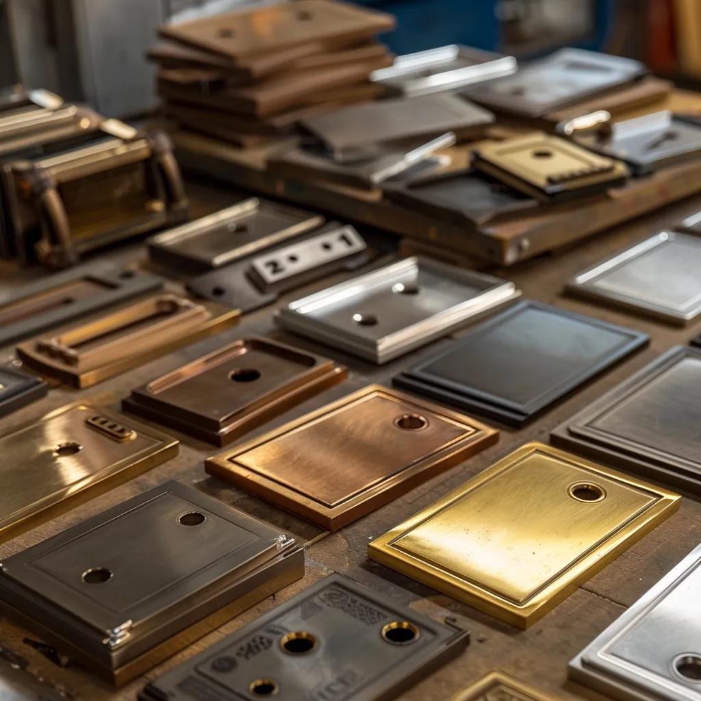 Custom engraved nameplates showcasing various materials and techniques in a professional workspace