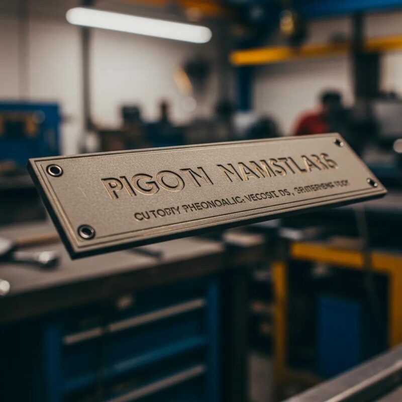 Custom engraved phenolic nameplate in an industrial setting showcasing precision and durability