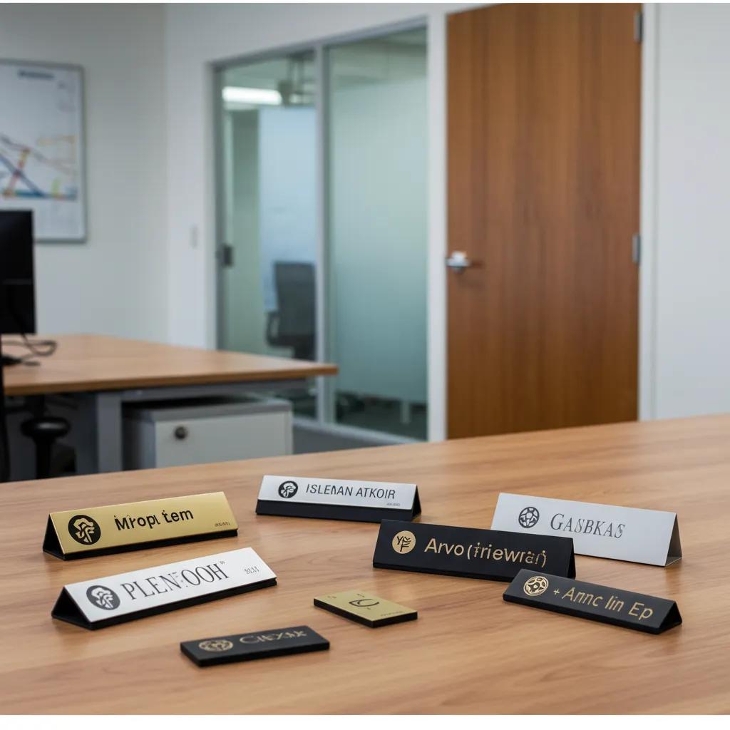 Custom engraved phenolic nameplates displayed in a modern office environment, showcasing durability and aesthetic appeal
