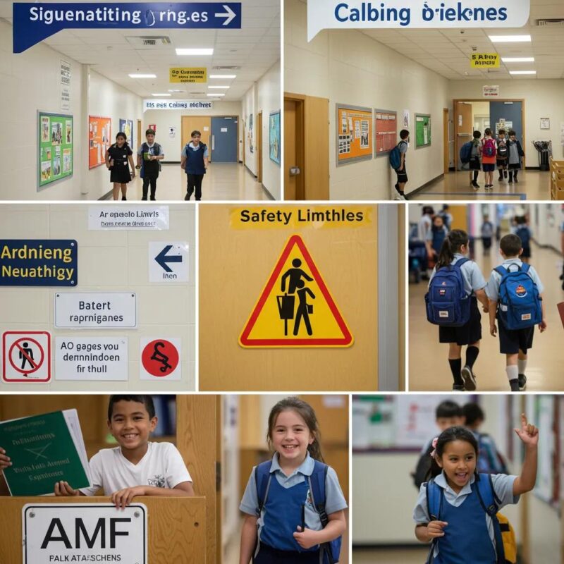 Diverse educational signage in a school hallway, highlighting wayfinding and branding