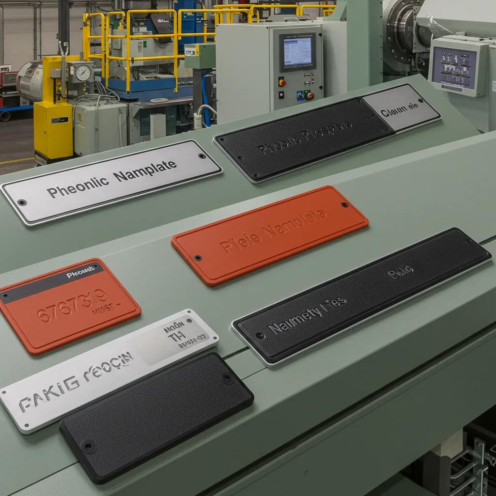 Durable phenolic plastic nameplates displayed on industrial machinery, showcasing their reliability and versatility